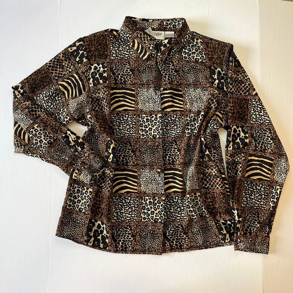 Vintage 80's Collared Blouse Brown Animal Print Button Down Yves St. Clair - Picture 6 of 6